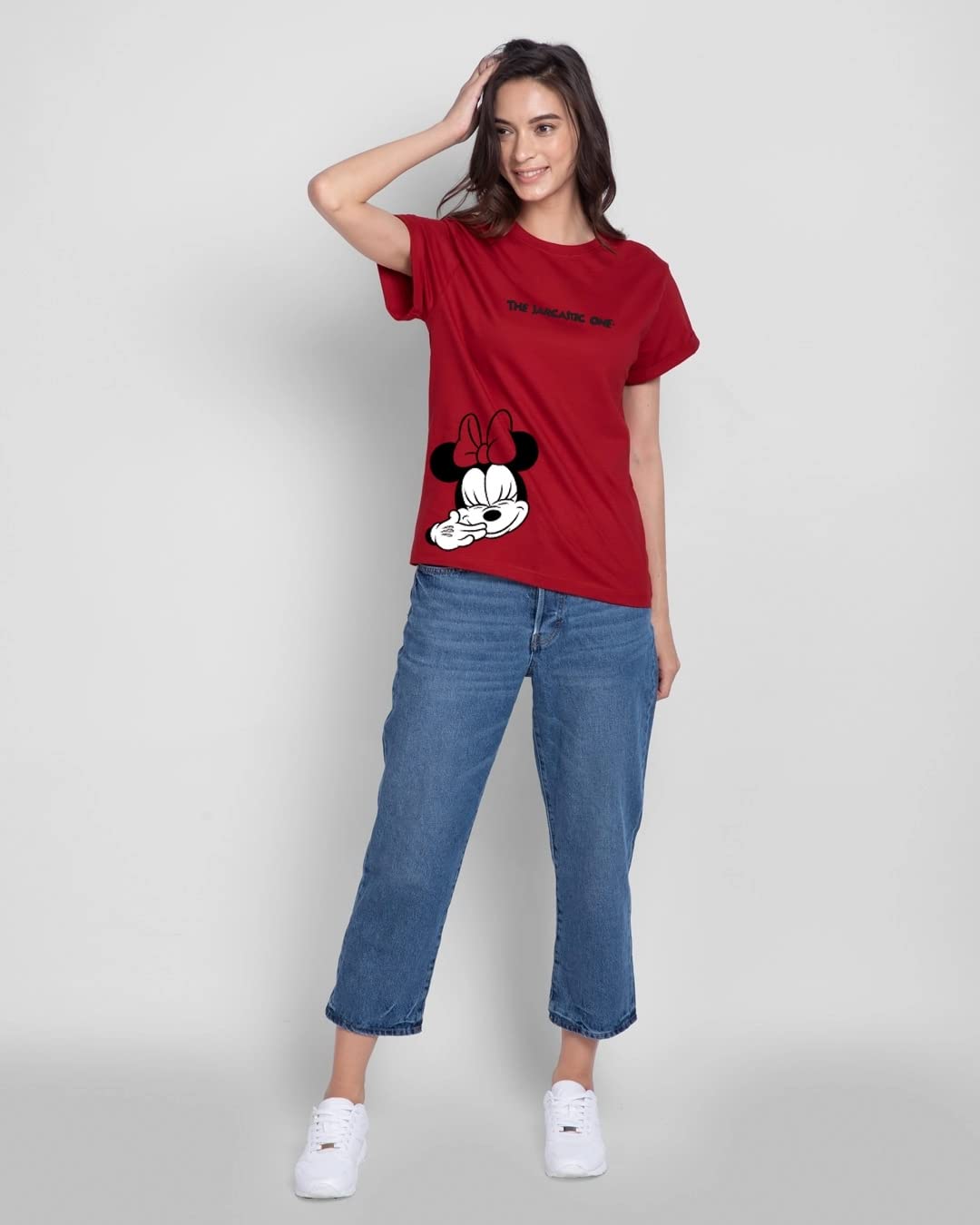 Bewakoof Official Disney Merchandise Minnie Womens Graphic Printed Boyfriend Fit Half Sleeve Round Neck Cotton Loose Fit T-Shir