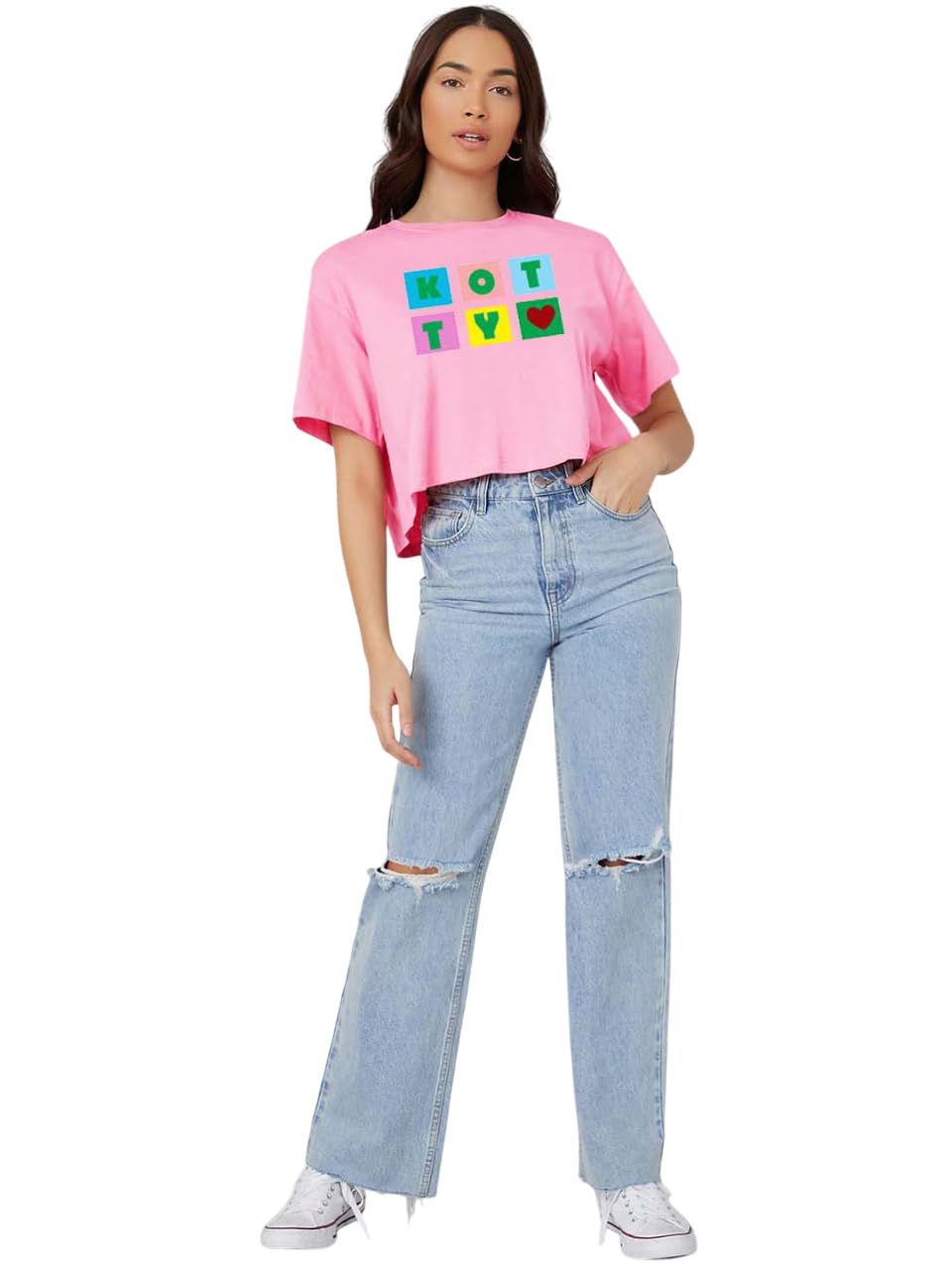 Kotty WomenS Round Neck Printed Cotton Blend Oversized Crop T-Shirts