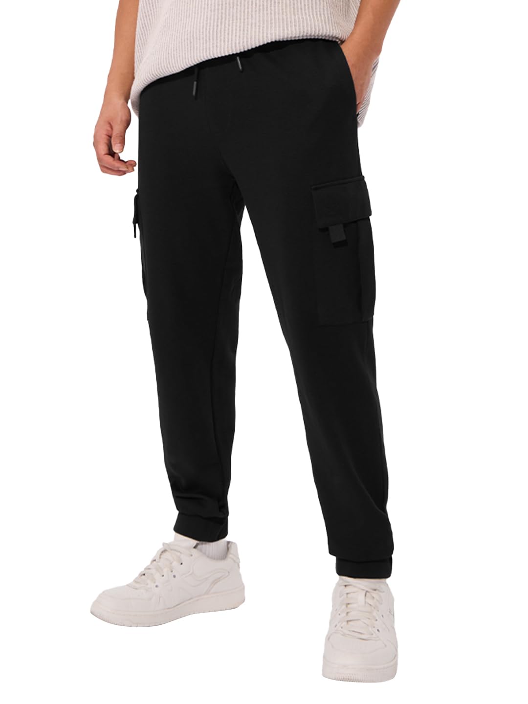 The Souled Store Solids: Jet Black Men and Boys Drawstringed Regular Fit Cotton Blend Cargo Joggers