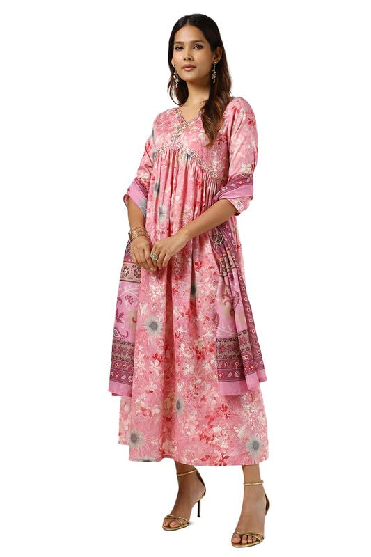 Soch Womens Blush Pink Cotton Floral Print Kurta with Mirror and Cutdana