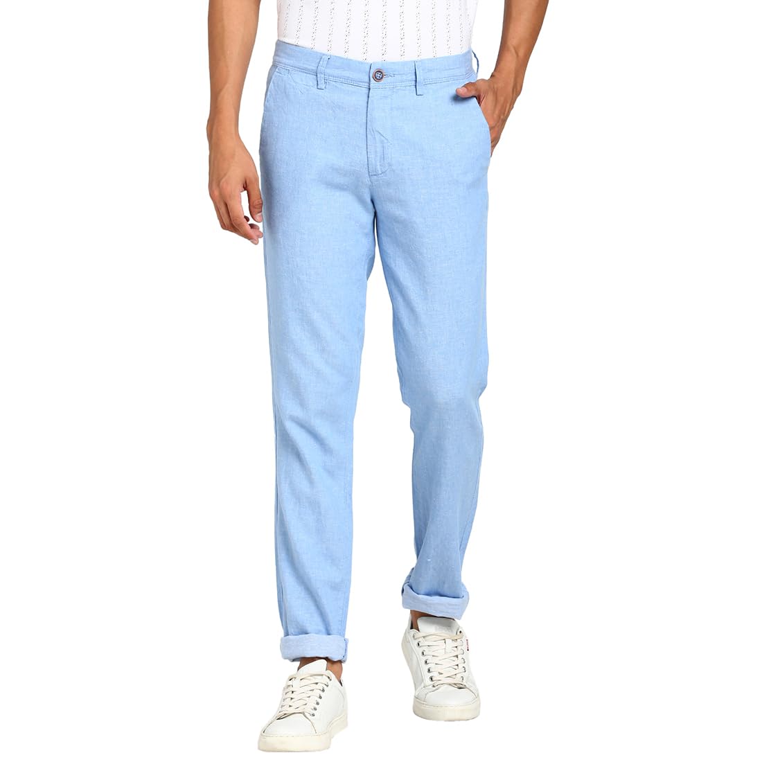 Turtle Men Cotton Linen Light Blue Solid Ultra Slim Fit Casual Trouser