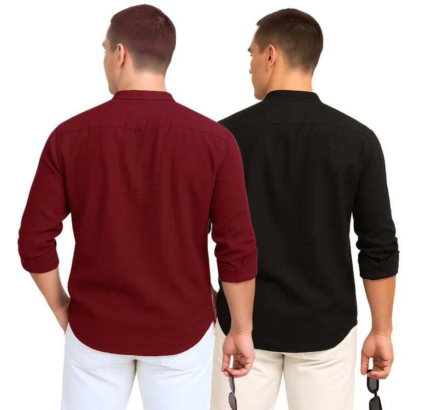 Deelmo Combo Of MenS Cotton Blend Solid Regular Fit Full Sleeve Short Kurta | MenS Trendy Short Kurta Pack Of 2 Red - Black