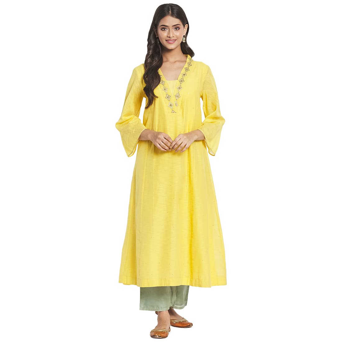 Fabindia Women Cotton Silk Embroidered Long Kurta Green_Xl