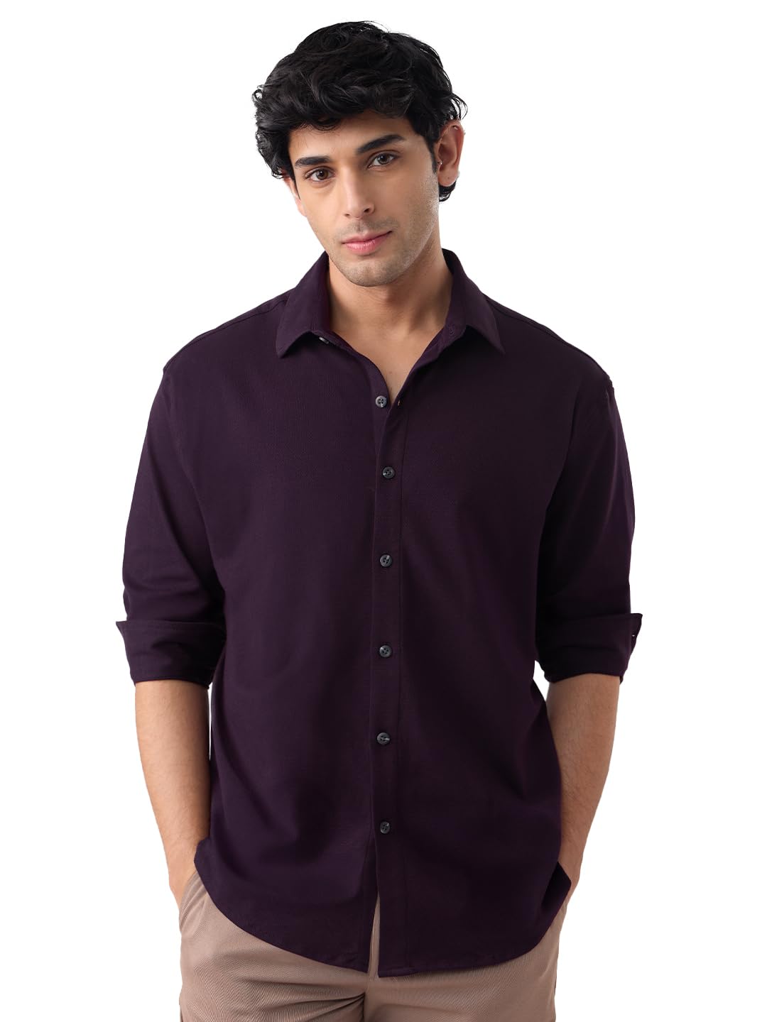 The Souled Store Mulberry Men and Boys Long Sleeves Collared Neck Button Front Regular Fit Cotton Textured Shirts