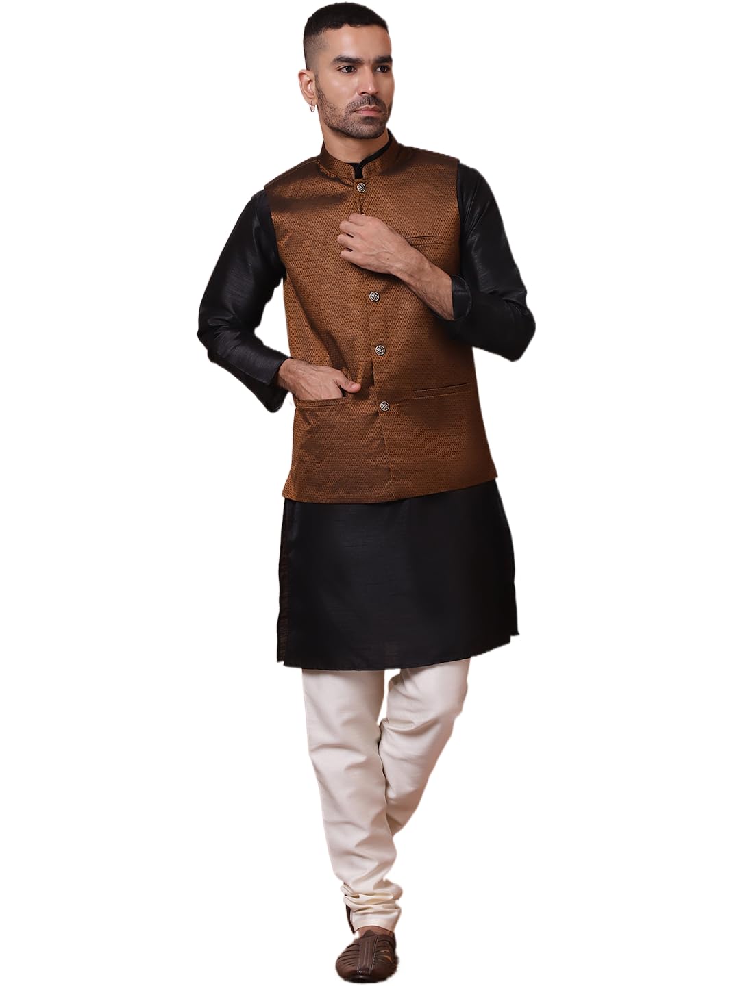Jompers Mens Woven Design Nehru Jacket With Solid Kurta Pyjama Set