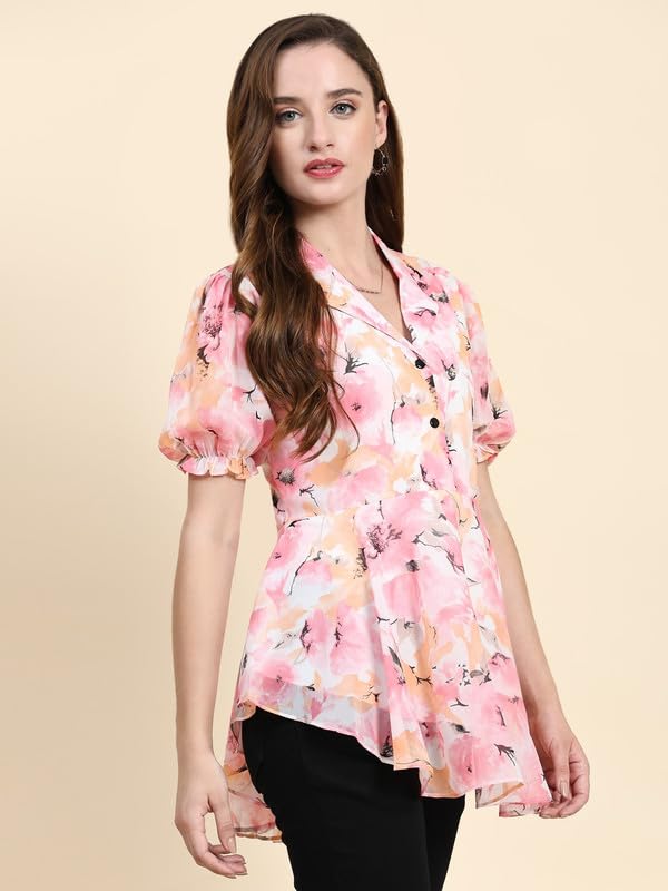 Toochki Womens Pink Georgette Floral Peplum Western Top | Winter Top | Western Top | Top for Women | Latest Women Top | Trendy