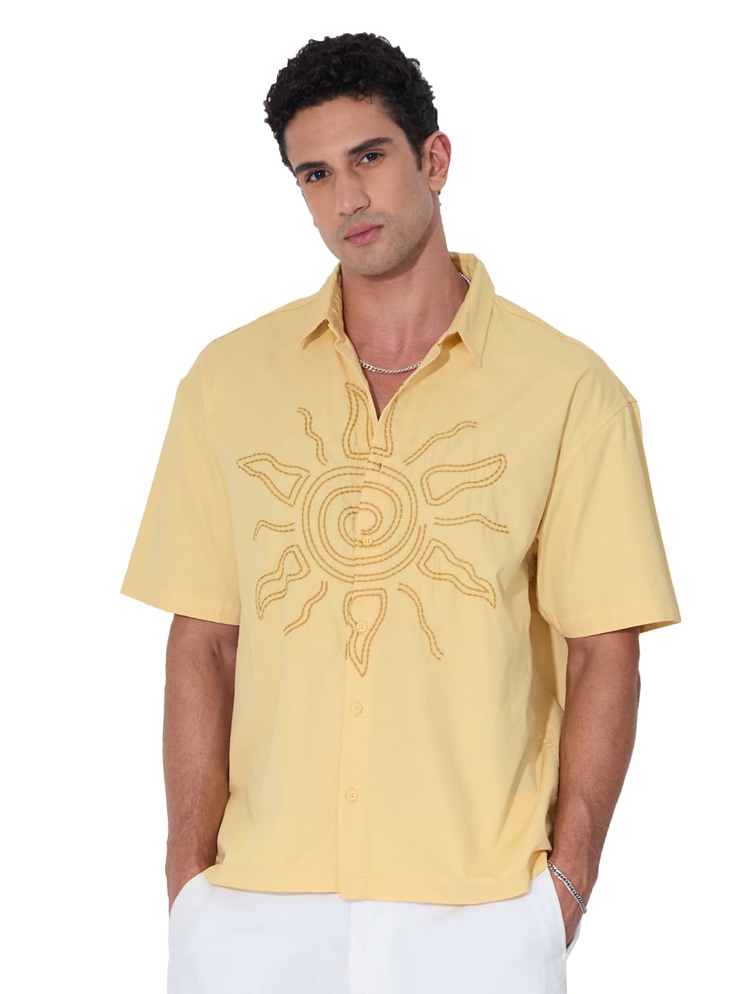 The Souled Store Oversized Shirt: Solar Men and Boys Short Sleeves Collared Neck Button Front Yellow Embroidered Cotton Oversize