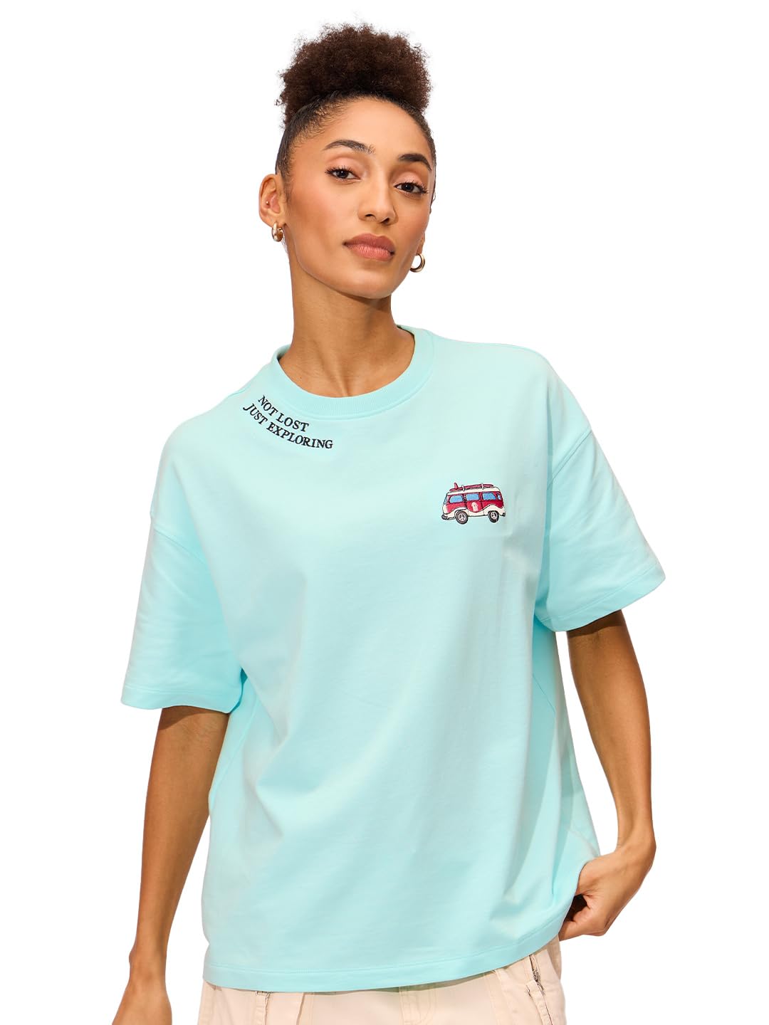 The Souled Store Explore Women and Girls Short Sleeves Round Neck Blue Embroidered Cotton Oversized T-Shirts