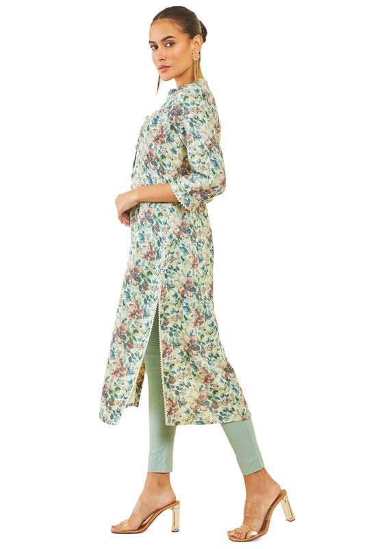 Soch Womens Beige Linen Kurta with Floral Print