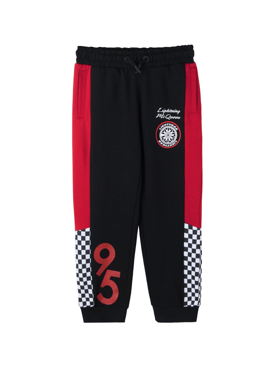 The Souled Store Official Cars: Lightning McQueen Racing Boys Drawstring Black Graphic Printed Cotton Joggers