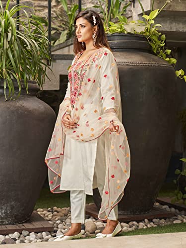 Womanista Women's Off White Floral Embroidered Cotton Blend Kurta Set with Dupatta