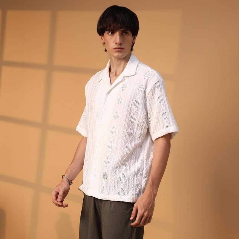 Campus Sutra Mens Daisy White Argyle-Textured Oversized Shirt for Casual Wear | Cuban Collar | Short Sleeve | Button Closure |
