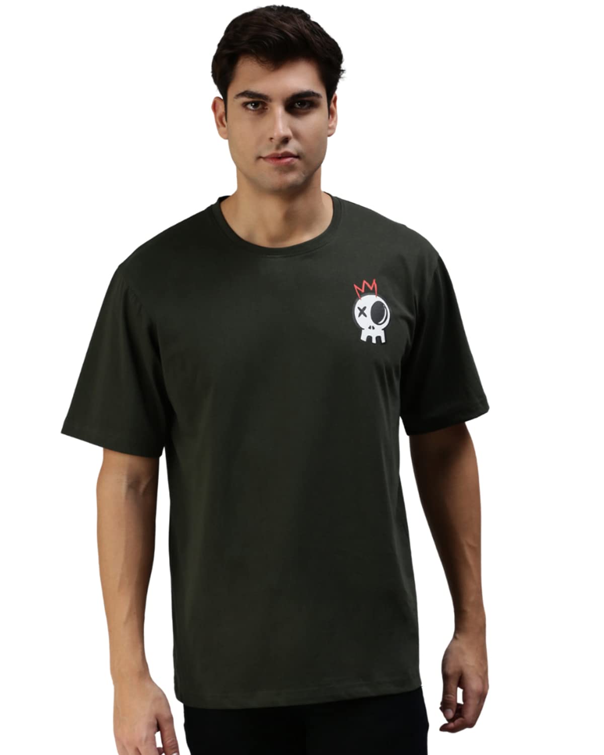 Veirdo Mens Oversize Loose Baggy Fit Drop Shoulder and Skull Pocket Print Design Short Sleeve T-Shirt