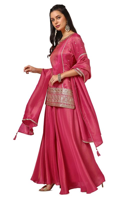 Soch Womens Fuchsia Tissue Embroidered Suit Set With Sequence Work