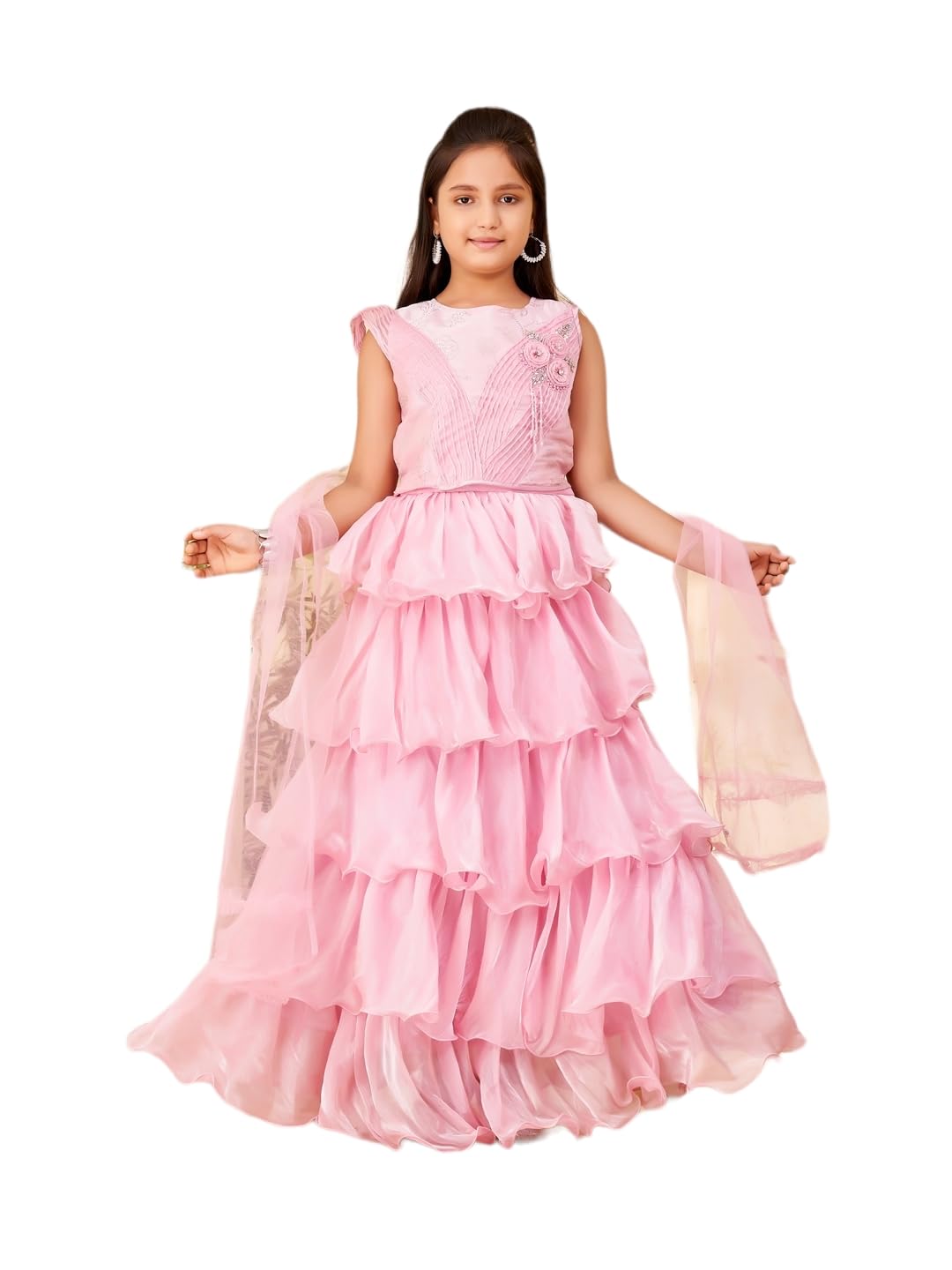 Aarika Girls Ethnic Wear Pink Colour Embellished Tissue Lehenga Choli Set (5-15 Years)