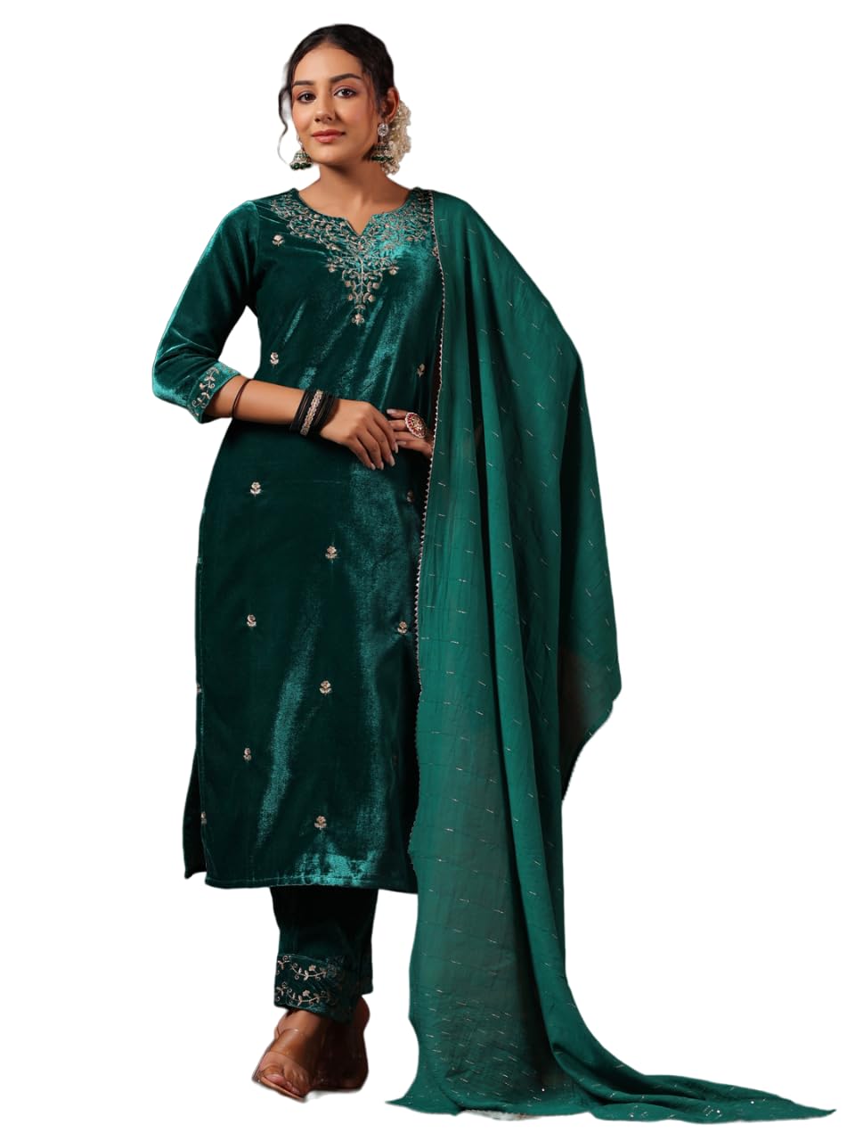 ishin Womens Velvet Ethnic Motifs Zari Teal Straight Kurta Suit Set with Trousers and Dupatta