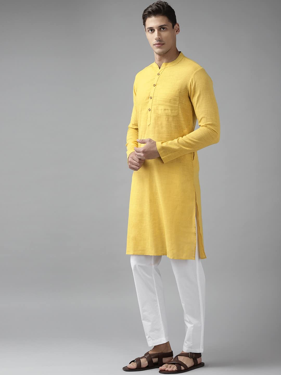 See Designs Yellow & White Cotton Regular Fit Kurta Set Madern Collar Stright Hem Side Full Sleeve Straght Kurta With Pyjama_Sdk