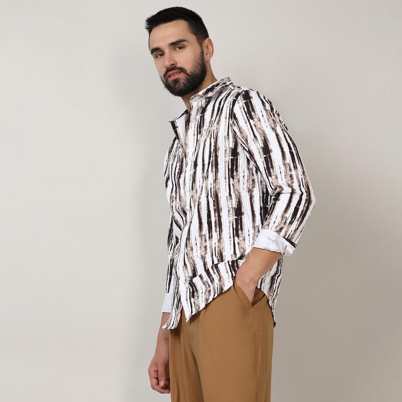 Campus Sutra Mens Beige & Black Ombre Strokes Shirt for Casual Wear | Spread Collar | Long Sleeve | Button Closure | Shirt Craf