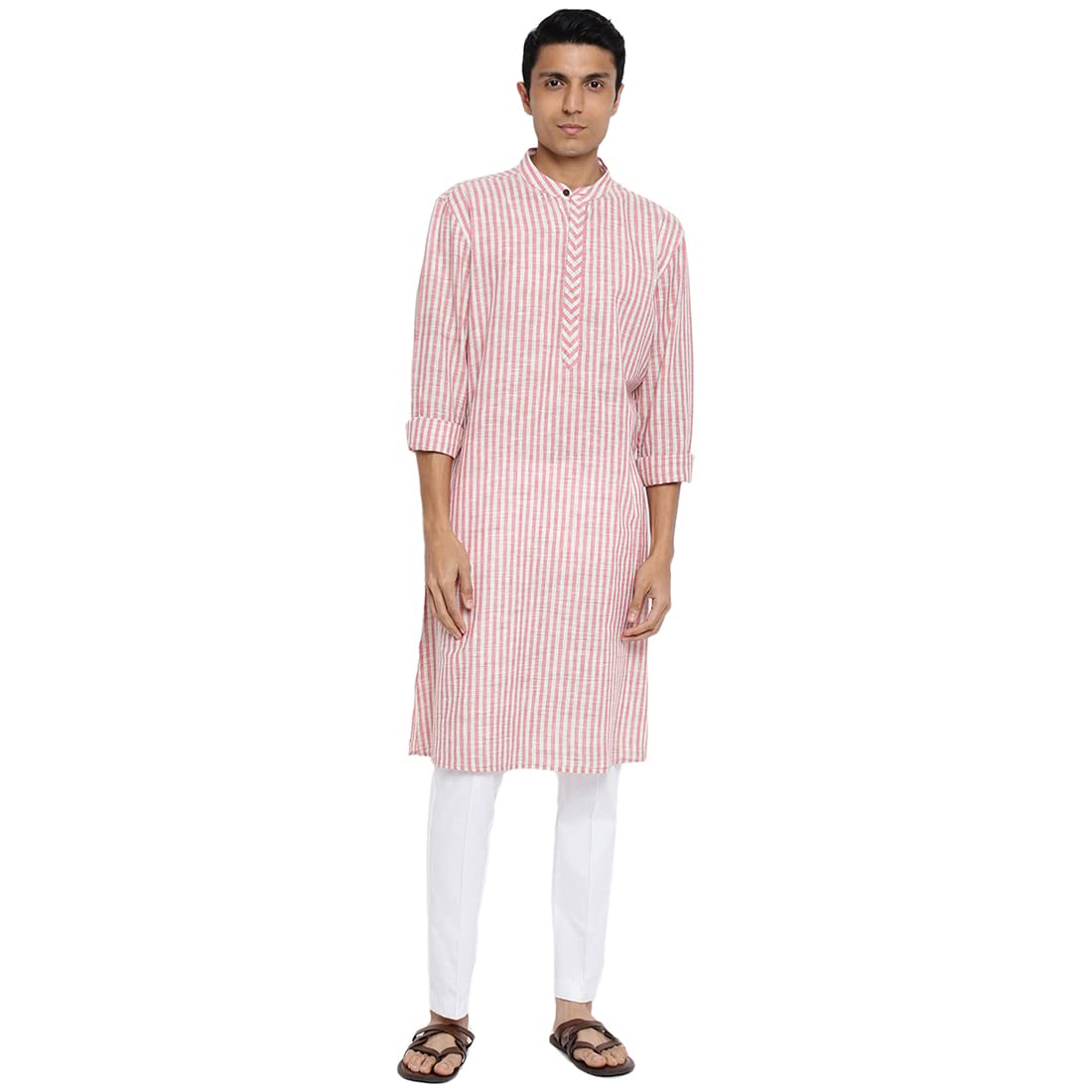 Fabindia Men Cotton Chinese Collar Long Kurta Pink_S
