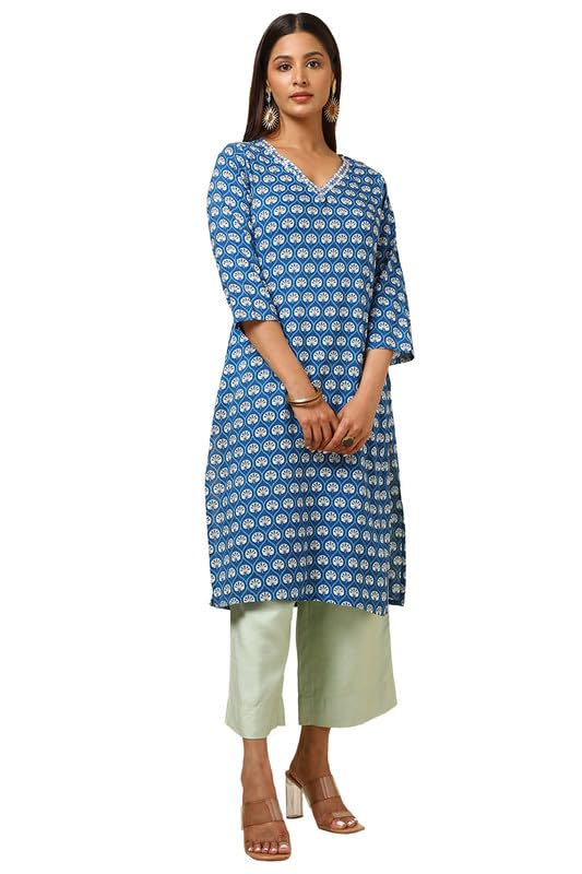 Soch Womens Blue Rayon Ethnic Motifs Kurta with Thread Work