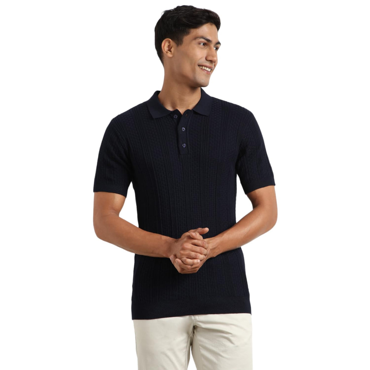 Nobero MenS Self Design Regular Fit Polo Shirt (1M-Twpo-R0015_Navy Blue