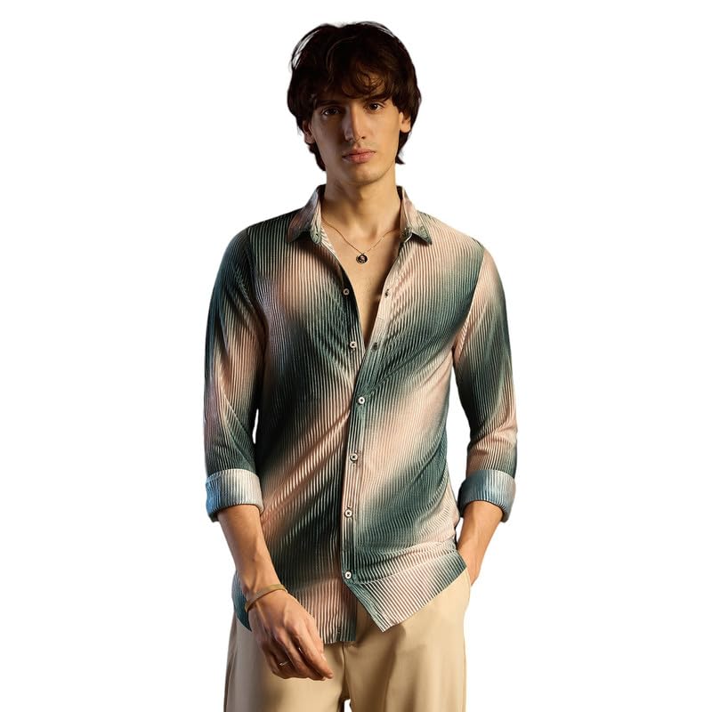 Campus Sutra Mens Emerald Green & Ivory White Ombre-Pleated Shirt for Casual Wear | Spread Collar | Long Sleeve | Button Closur
