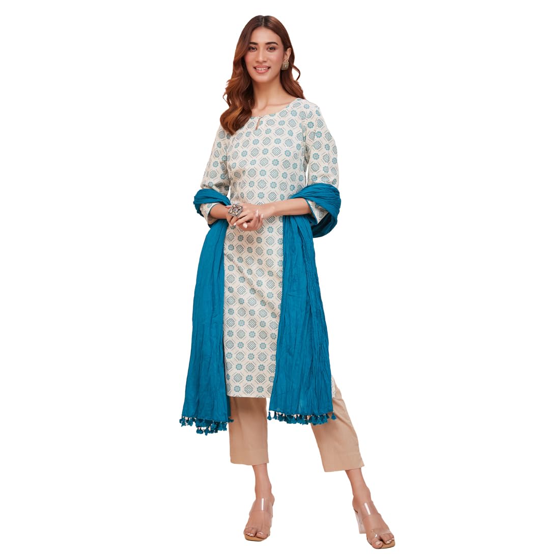 Fabindia WomenS Cotton Printed Regular Kurta (1037543White- White-Teal