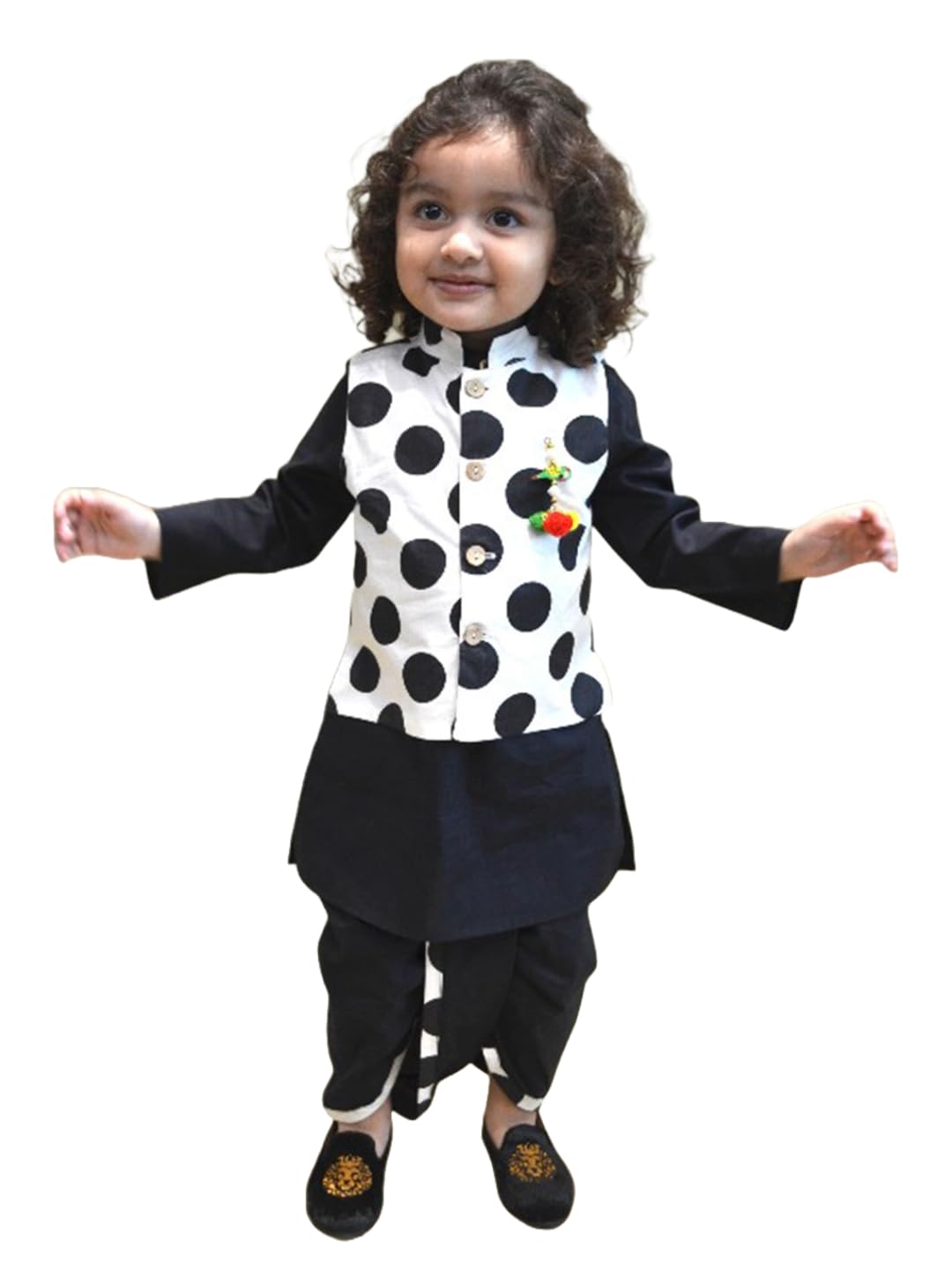 A.T.U.N. (ALL THINGS UBER NICE) Boys Ethnic Wear Black White Dhoti Kurta with Polka Dot Linen Jacket Set (3 Piece Set)