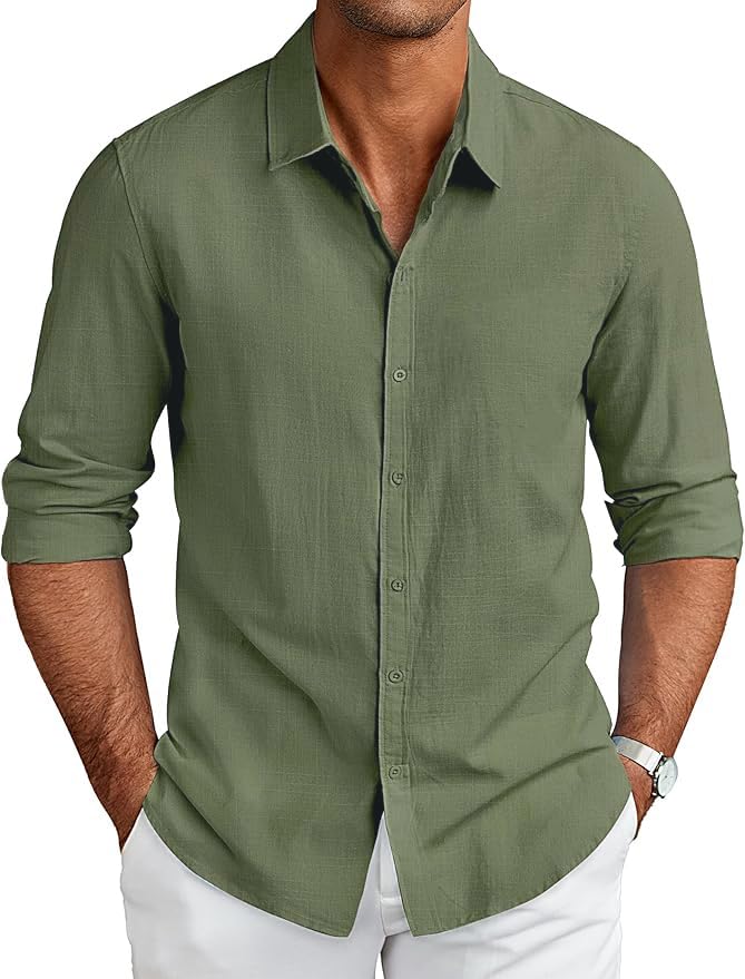 CB-COLEBROOK Mens Long Sleeve Button Down Shirts Casual Cotton Linen Shirts Summer Beach Shirt for Mens Top (in, Alpha, L, Regu