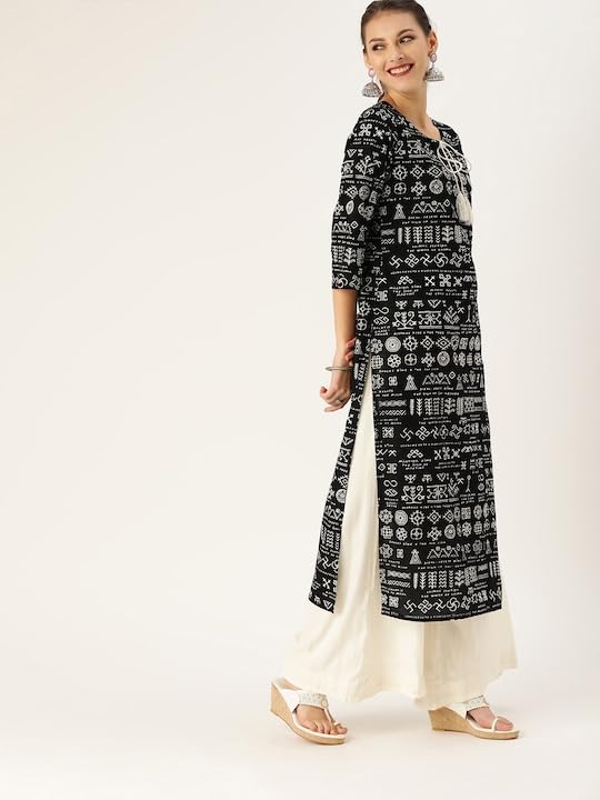 Varanga Women Black & White Printed Straight Kurta