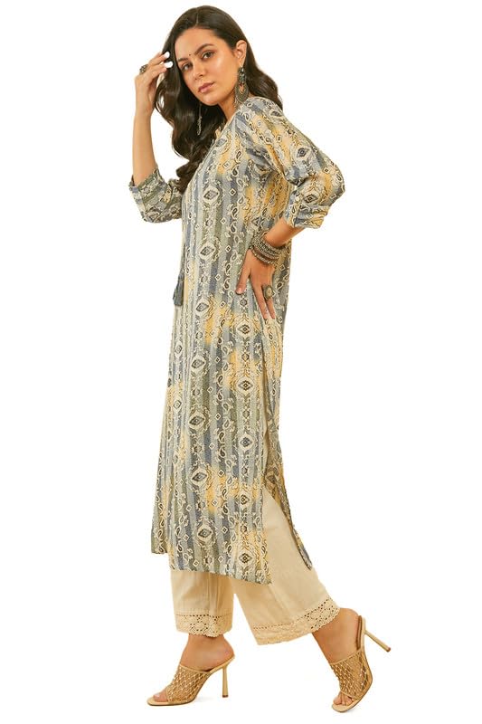 Soch Womens Blue Ethnic Print Kantha Weave Straight Rayon Kurta