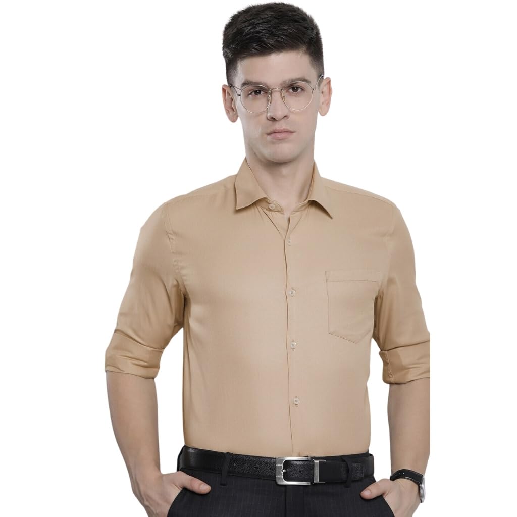 The Indian Garage Co Men Beige Slim Fit Solid Formal Shirt