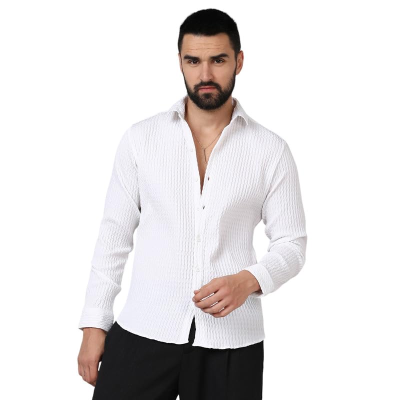 Campus Sutra Mens Chalk White Twisted Crease Shirt for Casual Wear | Spread Collar | Long Sleeve | Button Closure | Shirt Craft