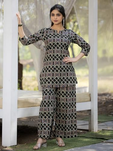 Pinkmint Pure Cotton Co Ord Set for Women l 3/4 Sleeve Printed Comfortable & Stylish Trendy Top & Bottom Matching Set Black