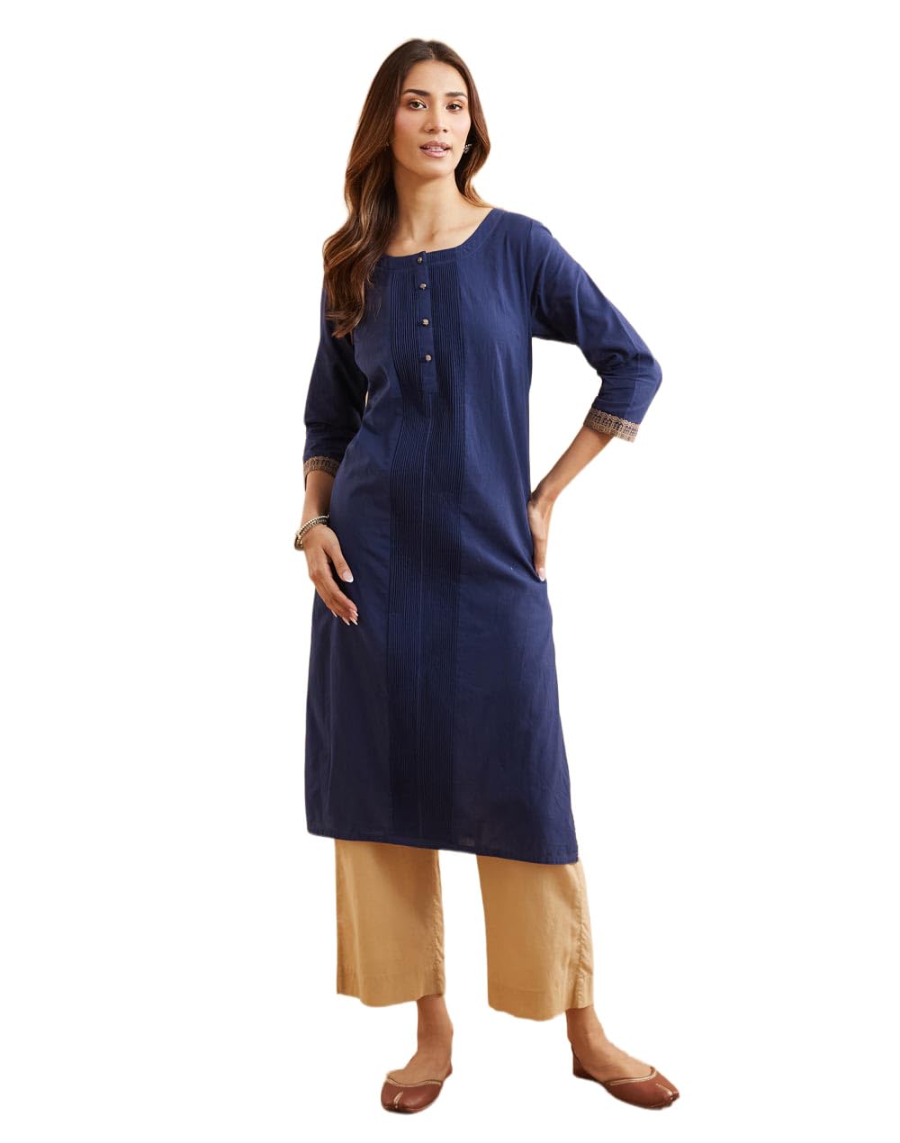 Fabindia Women Navy Blue Solid Round Neck Kurta