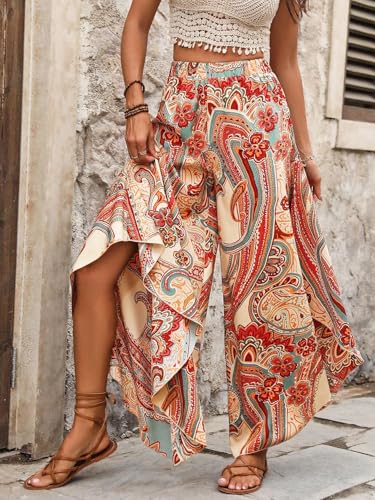 Greciilooks Boho Printed Wide Leg Palazzo Pants For Women, Flowing High Waist Rayon Trousers For Beach, Vacation, Lounge, And Su