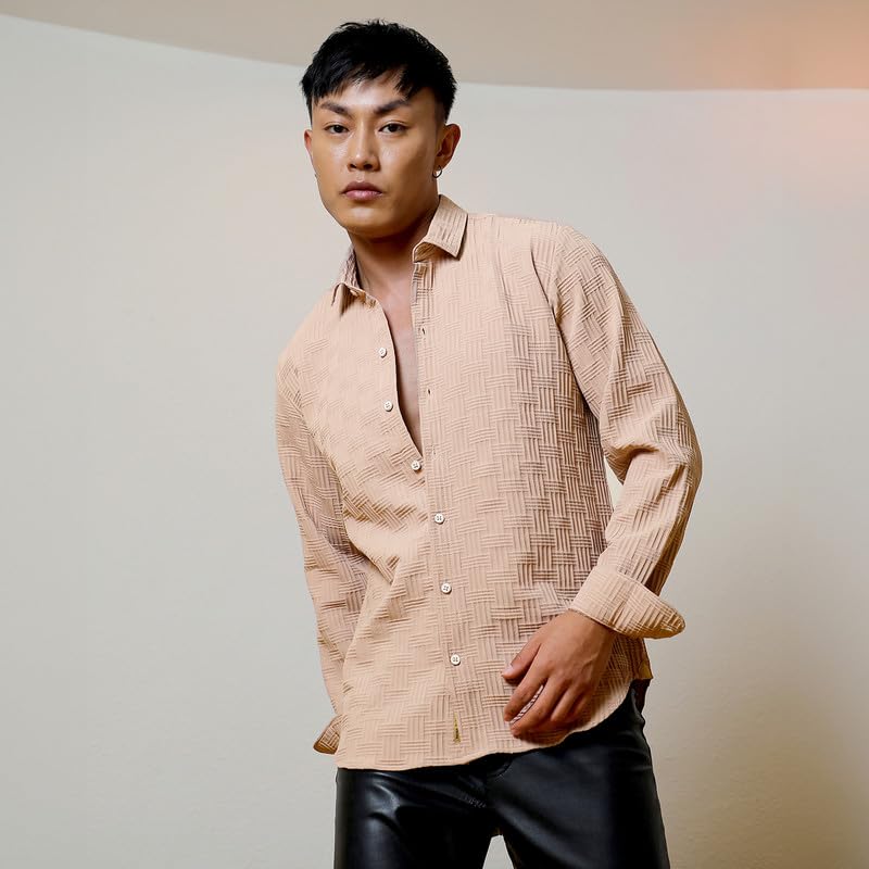 Campus Sutra Mens Beige Self-Design Intertwine Shirt for Casual Wear | Spread Collar | Long Sleeve | Button Closure | Shirt Cra