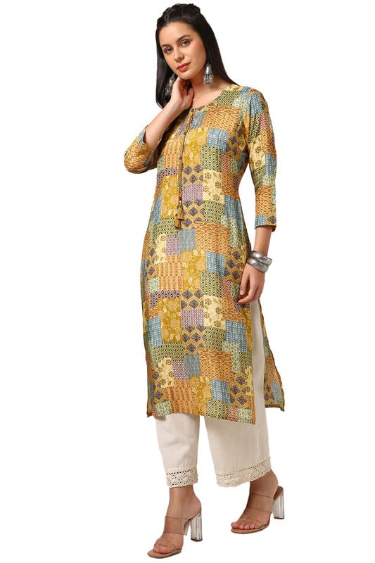 Soch Womens Mustard Viscose Muslin Ethnic Motifs Kurta with Tassels