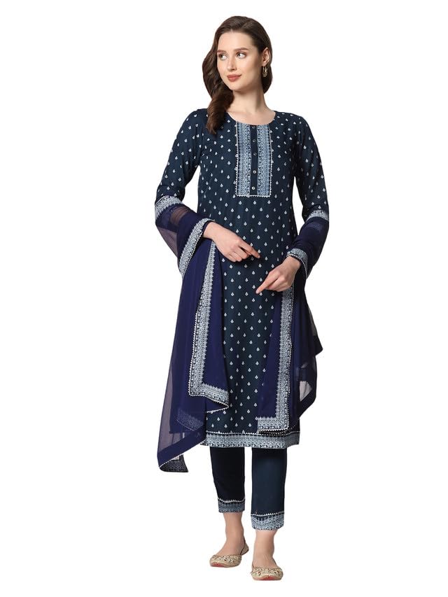 Sanisa Women's Pigment Printed Chinnon Straight Kurta Set with Dupatta