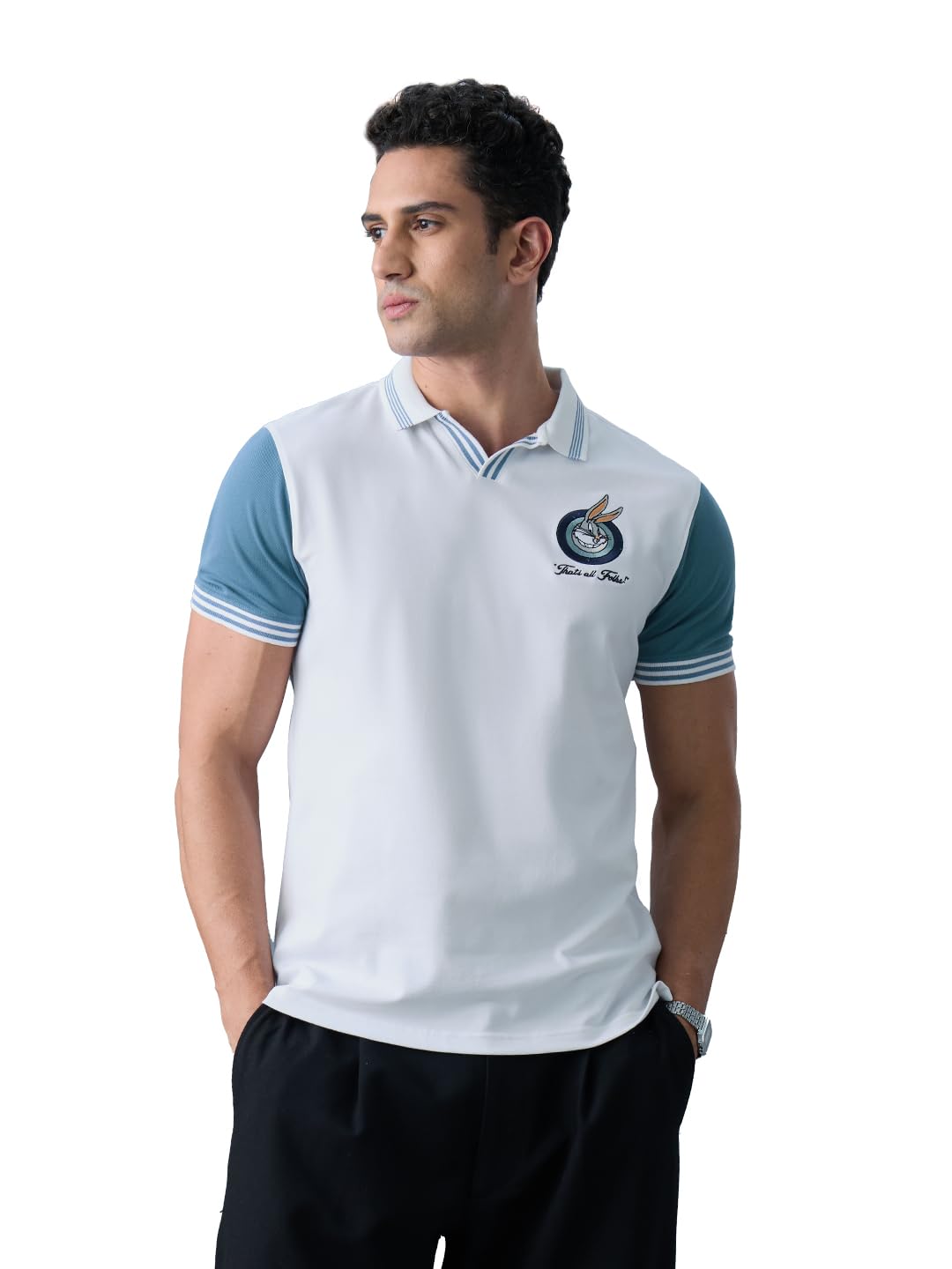 The Souled Store Bugs Bunny: Classic Men and Boys Short Sleeves Collared Neck White and Blue Embroidered Regular Fit Cotton Polo