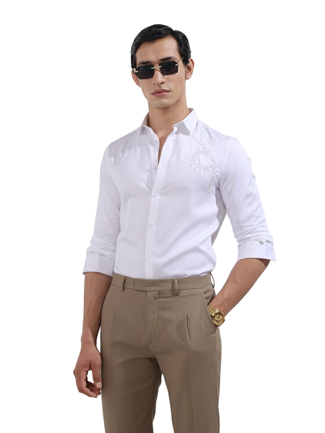 The Indian Garage Co Mens Slim Fit Embellished Cutaway Collar Full Sleeves Party Shirt