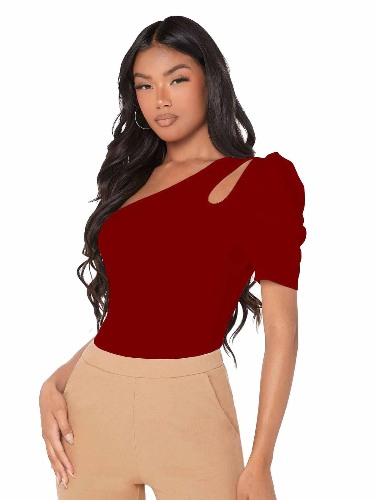 Shasmi Womens & Girls Maroon Short Puff Sleeve, One Shoulder Neck, Ruched Bust Solid Tops for Women/Tops, T-Shirts for Girls (