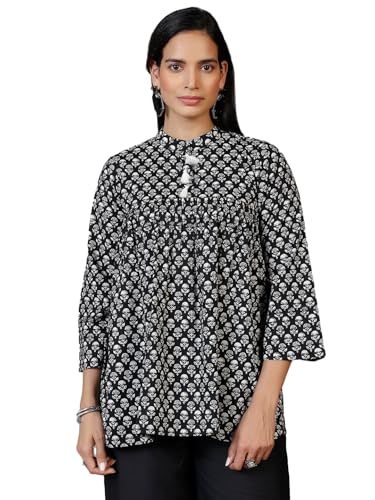 Libas WomenS Cotton Printed A-Line Kurtis (29065_Black