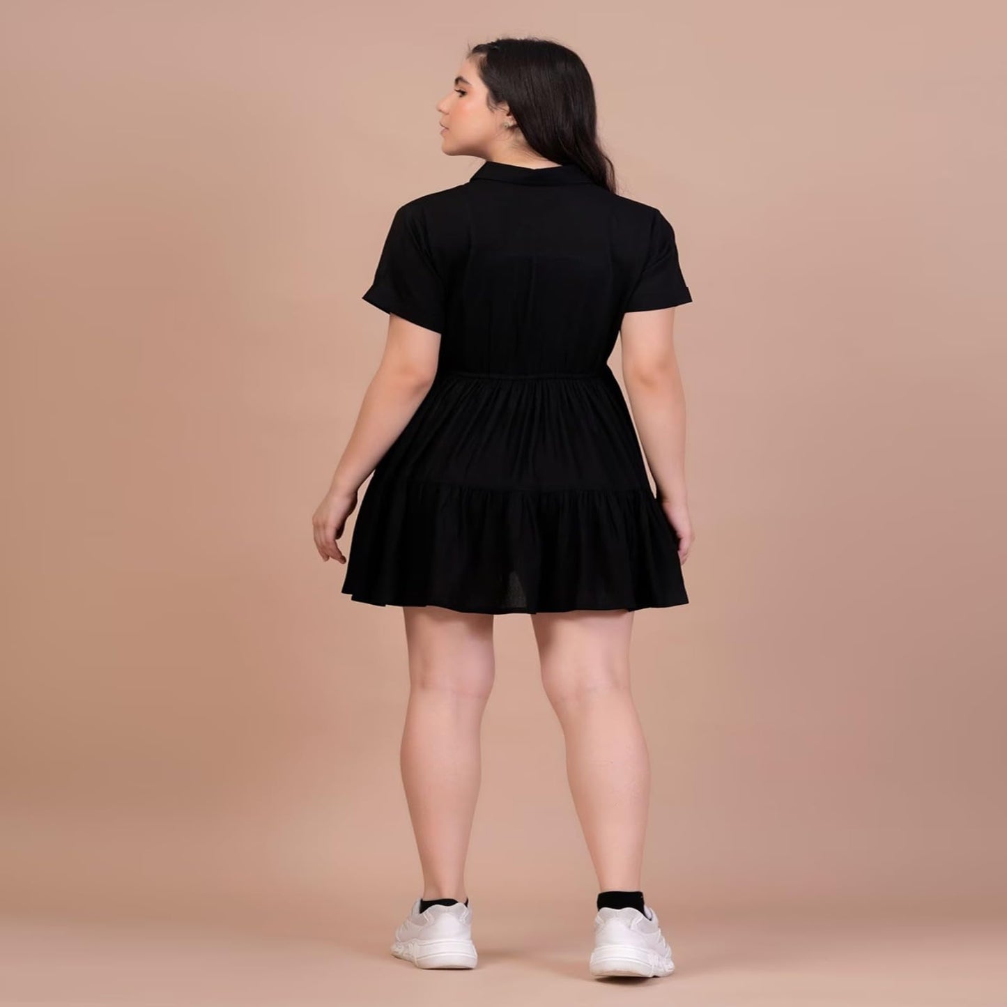 Trillmixa Solid Short Sleeve Coller Neck Fit & Flare Above Knee Length Dress For WomenS (T-Maya-Black)