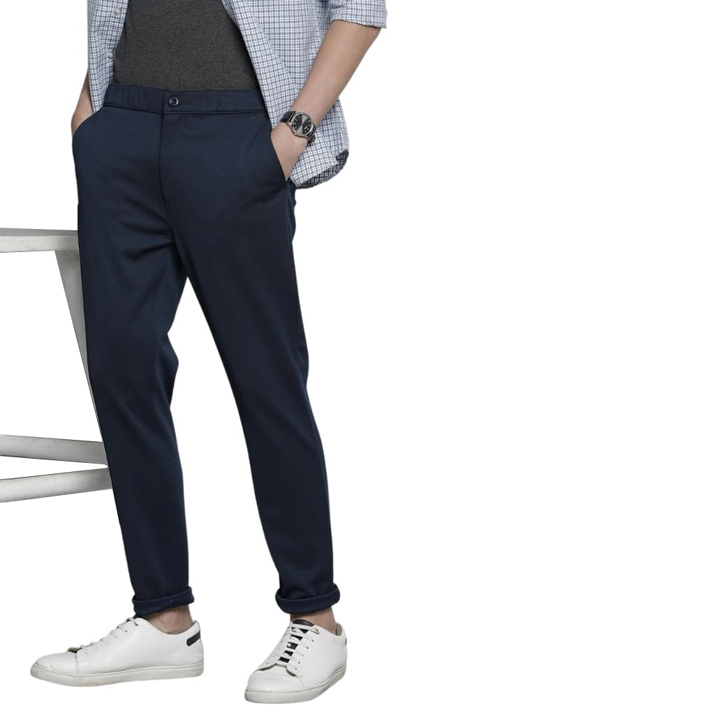 The Indian Garage Co Men Slim Fit Solid Mid-Rise Stretchable Knitted Jogger Trousers Navy Blue