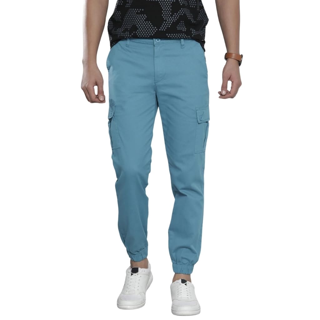 The Indian Garage Co Men Slim Fit Solid Mid-Rise Stretchable Cuffed Cargos Steel Blue