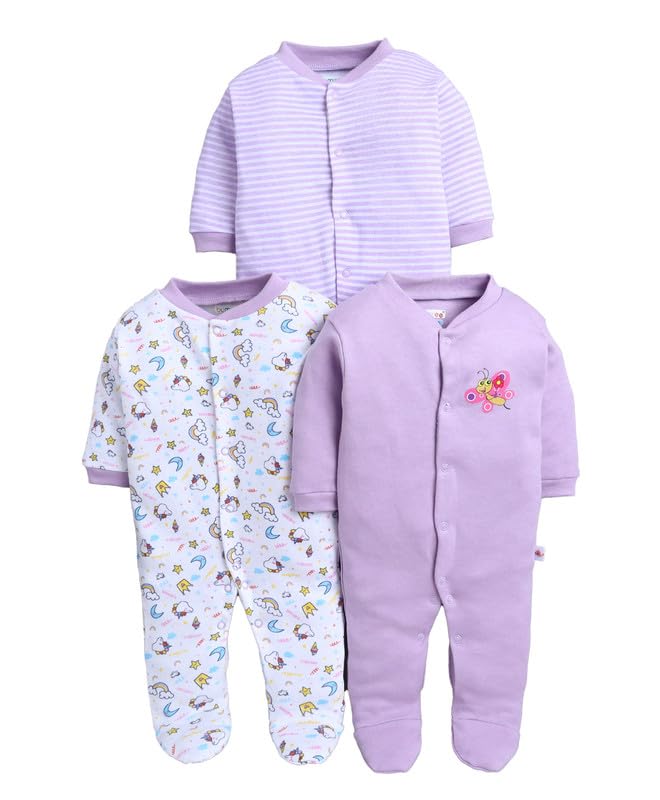 Bumzee Baby Girls Cotton Full Sleeves Pack Of 3 Sleepsuit Lavender & White - New Born (Peb11014A-Lvd)