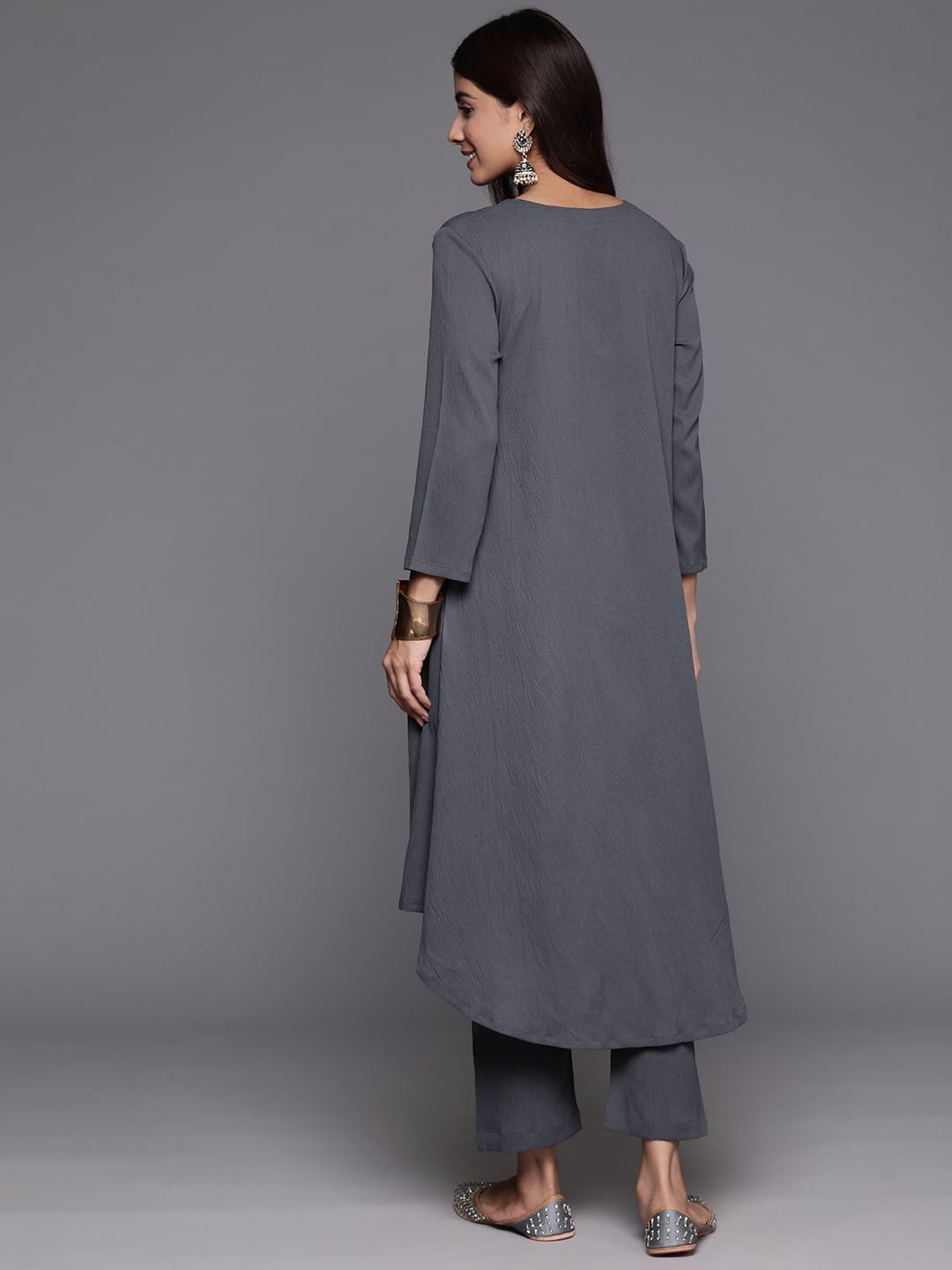 Varanga Women Plus Size Grey Empire Gathered Details A-Line Kurta Paired With Tonal Bottom