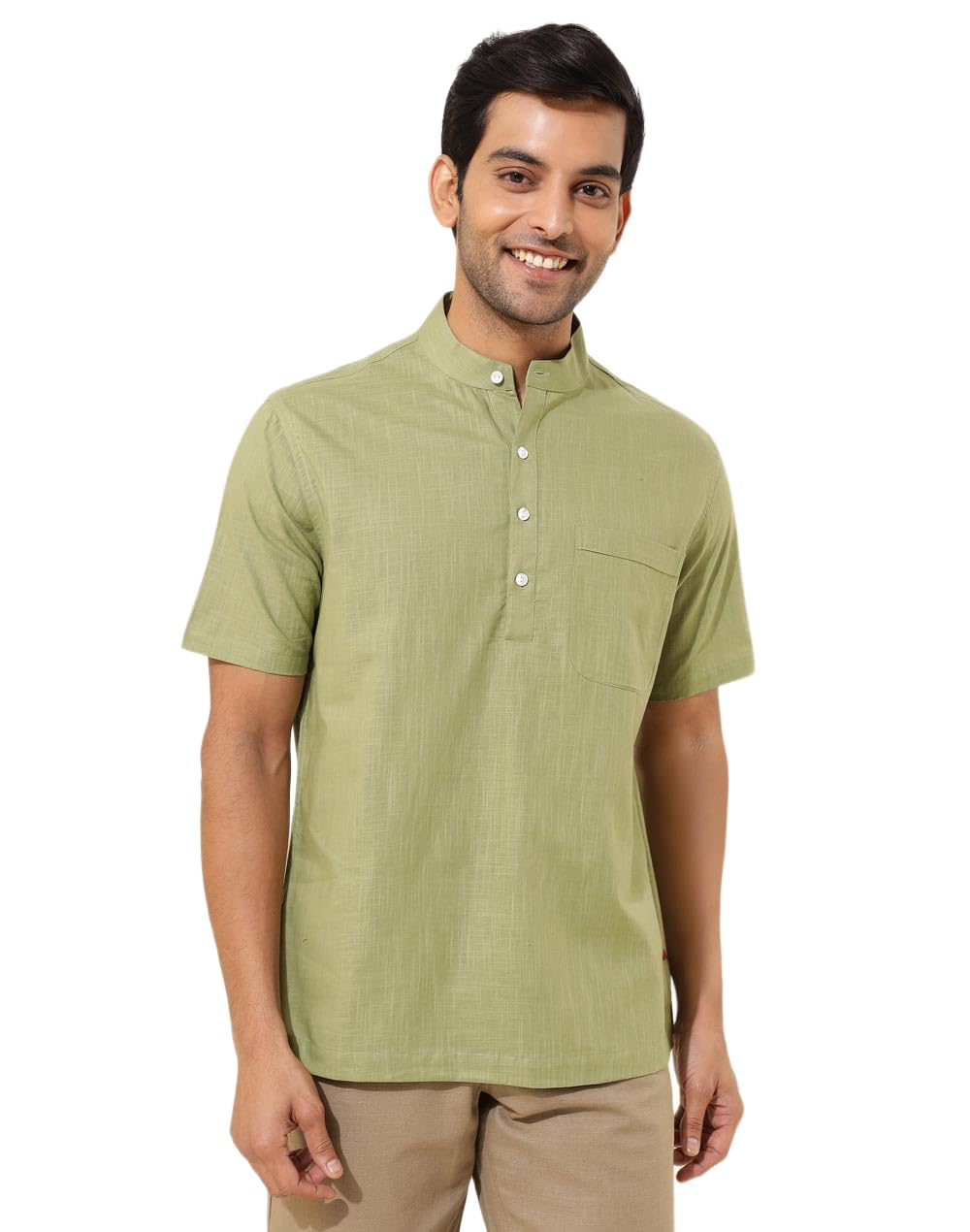 Fabindia Men Green Band Collar Short Sleeves Shirt