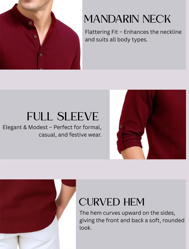 Deelmo MenS Cotton Blend Solid Regular Fit Full Sleeve Short Kurta | MenS Trendy Short Kurta Red